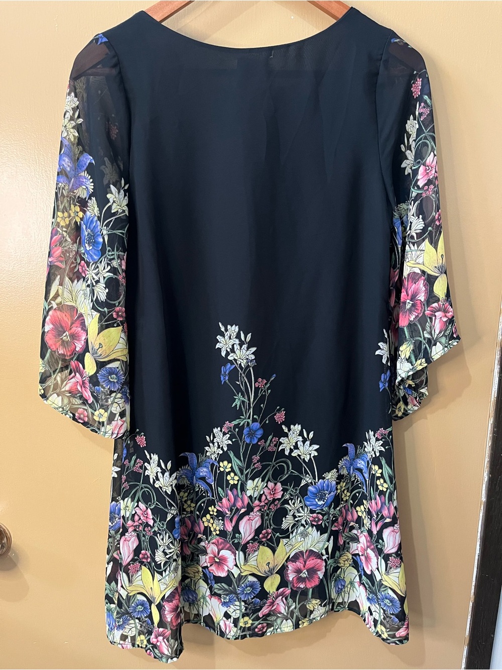 Floral Border Black Dress with Sheer Floral Sleeves Small